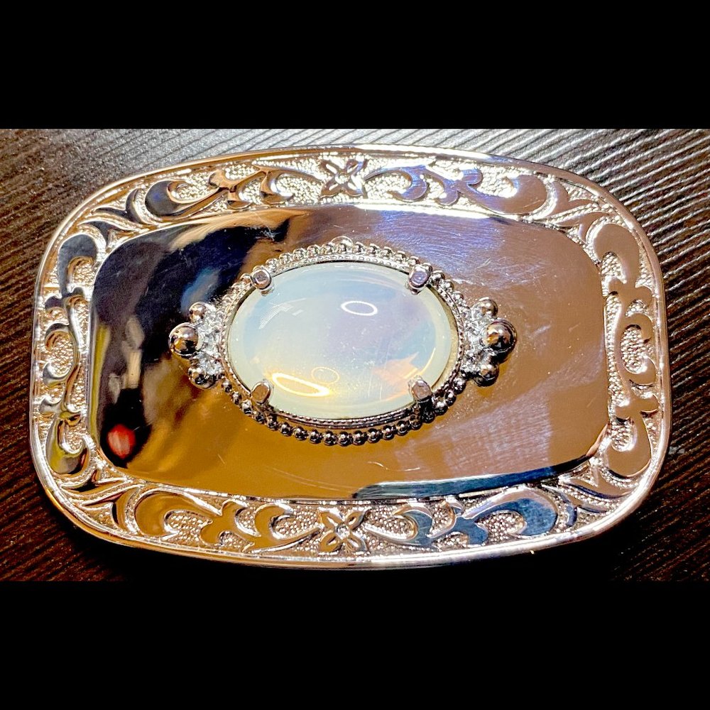 Silver Tone Moonstone Belt Buckle with Filigree
